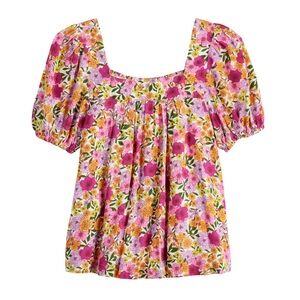 Draper James Square Neck Puff Short Sleeve bright colored floral top Medium